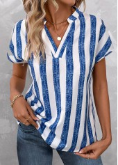 Denim Blue tops,White tops,Striped tops,ROTITA Lightweight Striped Denim Blue Split Neck Blouse