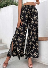 Split Ditsy Floral Print Black Flare Leg Pants