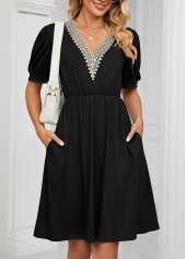 Lace Black V Neck Short Sleeve Dress