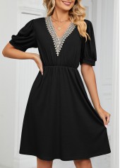 Black dresses,Plain Color dresses,Lace Black V Neck Short Sleeve Dress