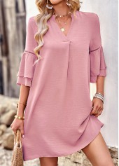 Ruffle Patchwork Pink H Shape Split Neck Dress