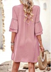 Pink dresses,Plain Color dresses,Everyday dresses,Casual dresses,Ruffle Patchwork Pink H Shape Split Neck Dress