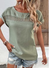 Sage Green tops,Plain Color tops,ROTITA Patchwork Sage Green Boat Neck Short Sleeve Blouse