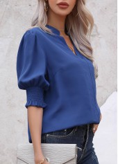 Dark Blue tops,Plain Color tops,Smocked Dark Blue Split Neck Half Sleeve Blouse