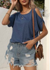 Navy tops,Plain Color tops,Cut Out Lightweight Navy Round Neck T Shirt