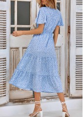 Light Blue dresses,Plants dresses,Ruched Leaf Print Light Blue V Neck Dress