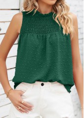 Green tops,Plain Color tops,Smocked Green High Neck Tank Top