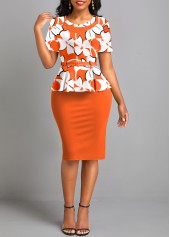 Orange dresses,Floral dresses,Plants dresses,Party dresses,Elegant dresses,ROTITA Fake 2in1 Floral Print Orange Belted Bodycon Dress