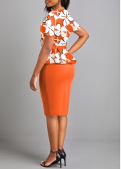 Orange dresses,Floral dresses,Plants dresses,Party dresses,Elegant dresses,ROTITA Fake 2in1 Floral Print Orange Belted Bodycon Dress