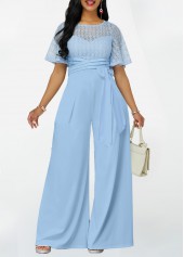Light Blue jumpsuits & rompers,Plain Color jumpsuits & rompers,ROTITA Lace Light Blue Long Round Neck Jumpsuit