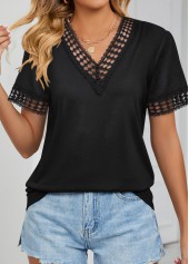 Black tops,Plain Color tops,ROTITA Patchwork Black V Neck Short Sleeve T Shirt