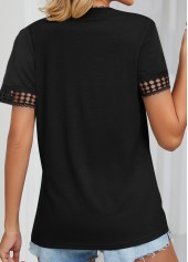 Black tops,Plain Color tops,ROTITA Patchwork Black V Neck Short Sleeve T Shirt