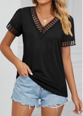 ROTITA Patchwork Black V Neck Short Sleeve T Shirt