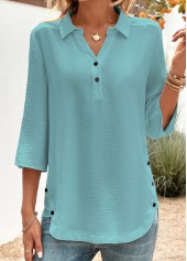 Peacock Blue tops,Plain Color tops,ROTITA Button Peacock Blue Shirt Collar Blouse