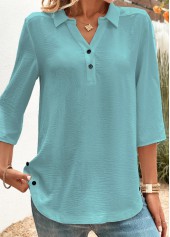 Peacock Blue tops,Plain Color tops,ROTITA Button Peacock Blue Shirt Collar Blouse