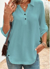 Peacock Blue tops,Plain Color tops,ROTITA Button Peacock Blue Shirt Collar Blouse