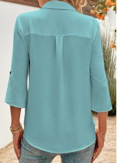 Peacock Blue tops,Plain Color tops,ROTITA Button Peacock Blue Shirt Collar Blouse