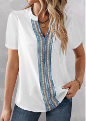 ROTITA Patchwork White Split Neck Short Sleeve Blouse