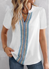 White tops,Plain Color tops,ROTITA Patchwork White Split Neck Short Sleeve Blouse
