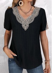Black tops,Contrast Color tops,ROTITA Lace Black V Neck Short Sleeve T Shirt