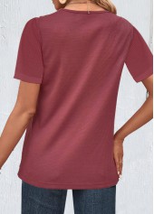 Dark Reddish Purple tops,Plain Color tops,ROTITA Button Dark Reddish Purple Lapel Short Sleeve Blouse