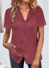 Dark Reddish Purple tops,Plain Color tops,ROTITA Button Dark Reddish Purple Lapel Short Sleeve Blouse