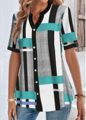 White tops,Black tops,Geometric tops,Striped tops,ROTITA Button Geometric Print White Split Neck Blouse
