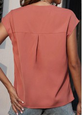 Brick Red tops,Plain Color tops,Button Brick Red V Neck Short Sleeve Blouse