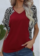 Patchwork Leopard Wine Red V Neck T Shirt