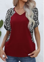 Wine Red tops,Black tops,Leopard tops,Animal Print tops,Patchwork Leopard Wine Red V Neck T Shirt