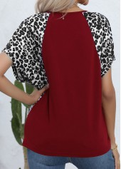 Wine Red tops,Black tops,Leopard tops,Animal Print tops,Patchwork Leopard Wine Red V Neck T Shirt