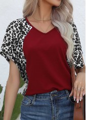 Wine Red tops,Black tops,Leopard tops,Animal Print tops,Patchwork Leopard Wine Red V Neck T Shirt