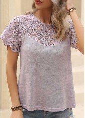 Light Purple tops,Plain Color tops,Patchwork Light Purple Round Neck T Shirt