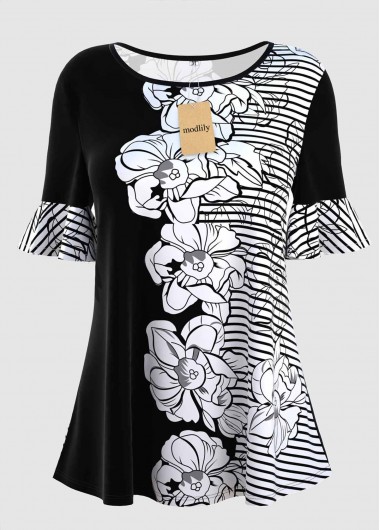 Multi Color tops,Floral tops,ROTITA Round Neck Stripe and Floral Print Short Sleeve T Shirt