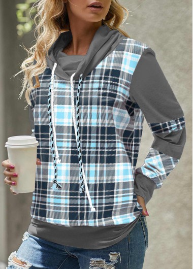 Light Blue tops,Plaid tops,Striped tops,Geometric tops,ROTITA Tartan Print Light Blue Cowl Neck Sweatshirt