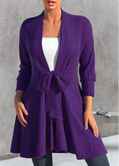Dark Purple plus size,Plain Color plus size,ROTITA Plus Size Bowknot Dark Purple Other Cardigan