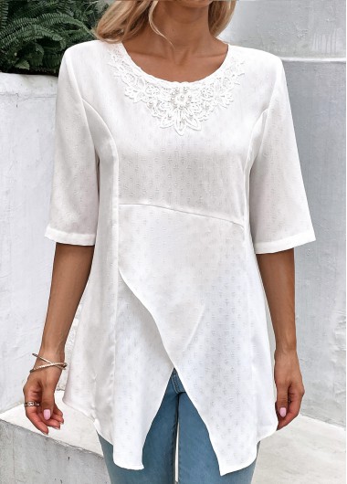ROTITA Cross Hem White Round Neck T Shirt