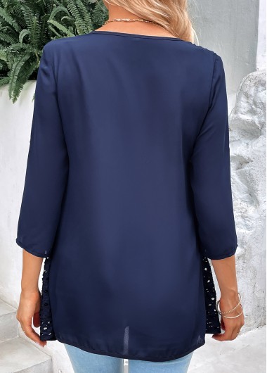 Navy tops,Plants tops,Striped tops,ROTITA Fake 2in1 Leaf Print Navy Round Neck Blouse