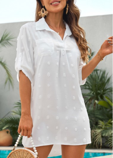 White swimwear,Plain Color swimwear,Pocket Shirt Collar White Cover Up