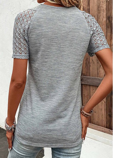 Grey tops,Plain Color tops,ROTITA Lace Grey V Neck Short Sleeve T Shirt