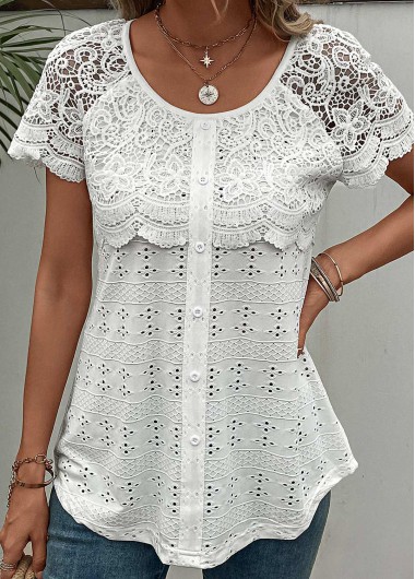 White tops,Plain Color tops,ROTITA Lace White Round Neck Short Sleeve T Shirt