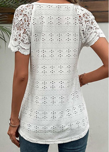 White tops,Plain Color tops,ROTITA Lace White Round Neck Short Sleeve T Shirt