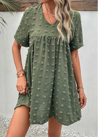 Ruched Green Short A Line V Neck Dress