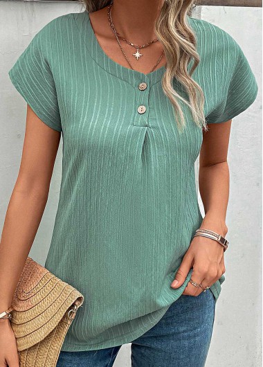 Green tops,Plain Color tops,Button Green Round Neck Short Sleeve T Shirt