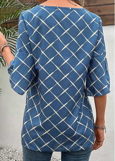 Blue tops,Plaid tops,Striped tops,Geometric tops,Split Plaid Blue Round Neck T Shirt