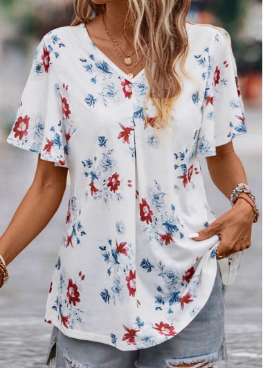 White tops,Floral tops,Plants tops,Floral Print White V Neck Short Sleeve Blouse