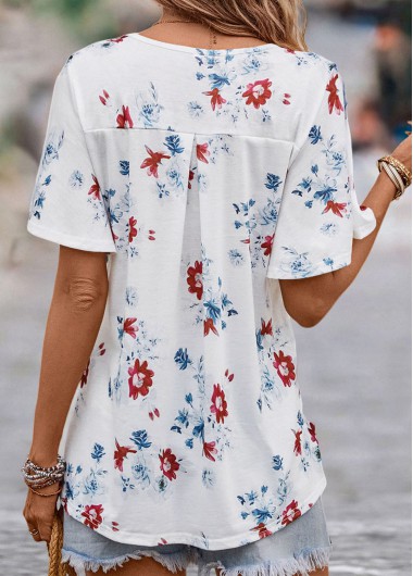 White tops,Floral tops,Plants tops,Floral Print White V Neck Short Sleeve Blouse