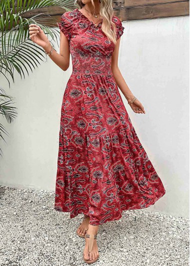 Wine Red dresses,Tribal dresses,Smocked Tribal Print Wine Red Maxi Dress