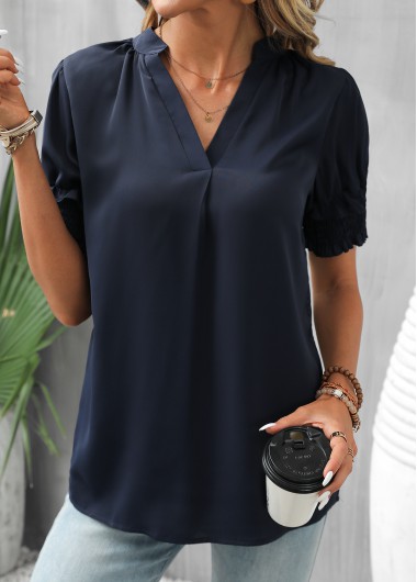 Smocked Navy V Neck Short Sleeve Blouse