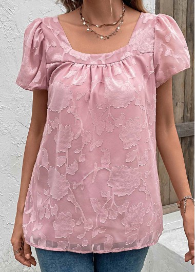 Pink tops,Plain Color tops,Ruched Pink Square Neck Short Sleeve Blouse